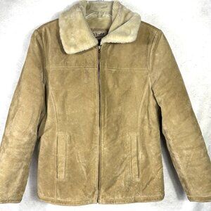 WINLIT Leather Suede Small Womens Jacket Coat Faux Fur Lining Tan